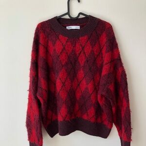 ZARA - Red Argyle - Partial Wool Sweater - Medium